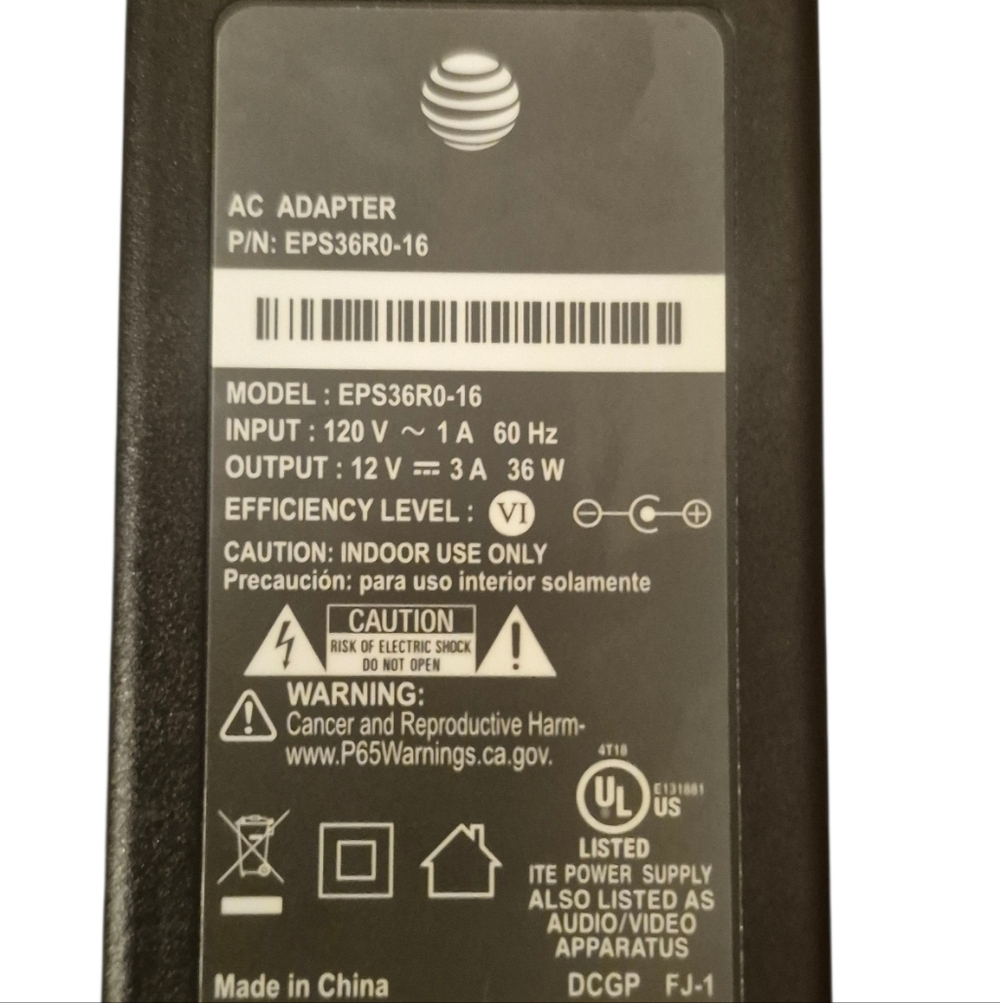 AT&T Power Supply AC Adapter, Model EPS36R0-16, 12V, 3A, 36W / r1 t11 For Modem